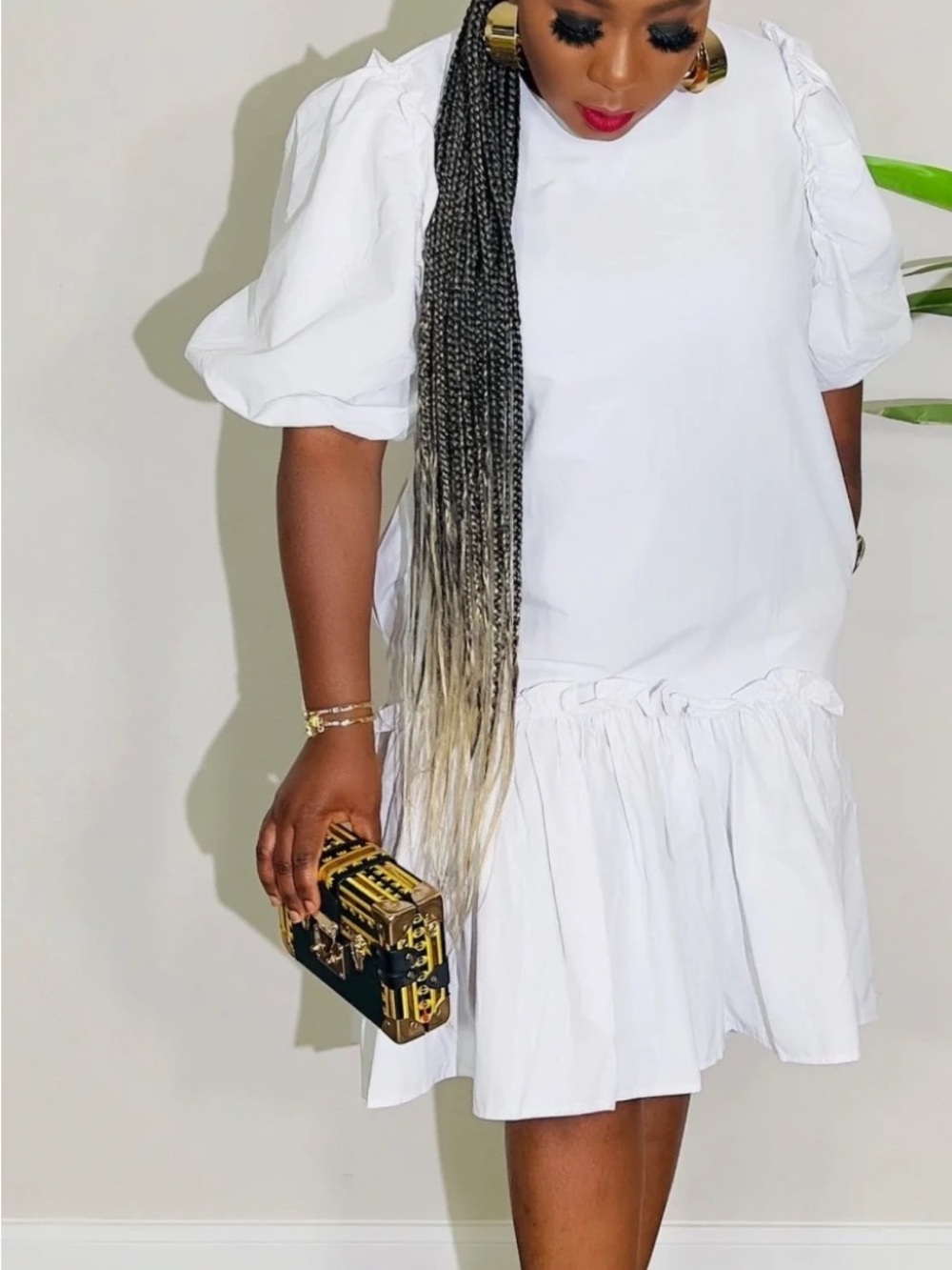 White High-Low Puff Sleeve Dress